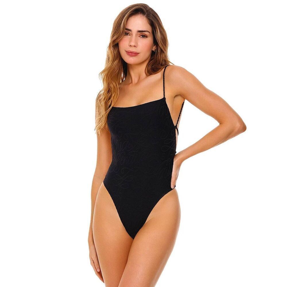 Agua Bendita Women's Lace Up Open Back Kali One Piece Swimsuit Black Large NWOT